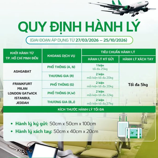 Quy định hành lý cho các chặng bay từ 27/3/2026