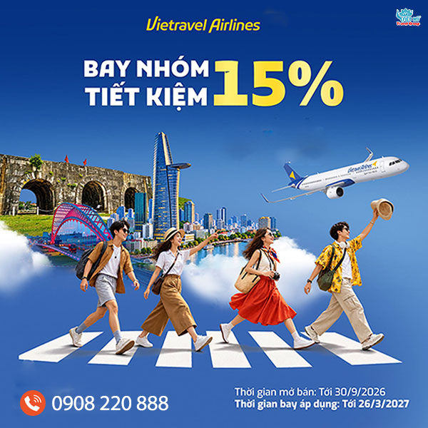 Vietravel Airlines giảm 15% khi bay nhóm